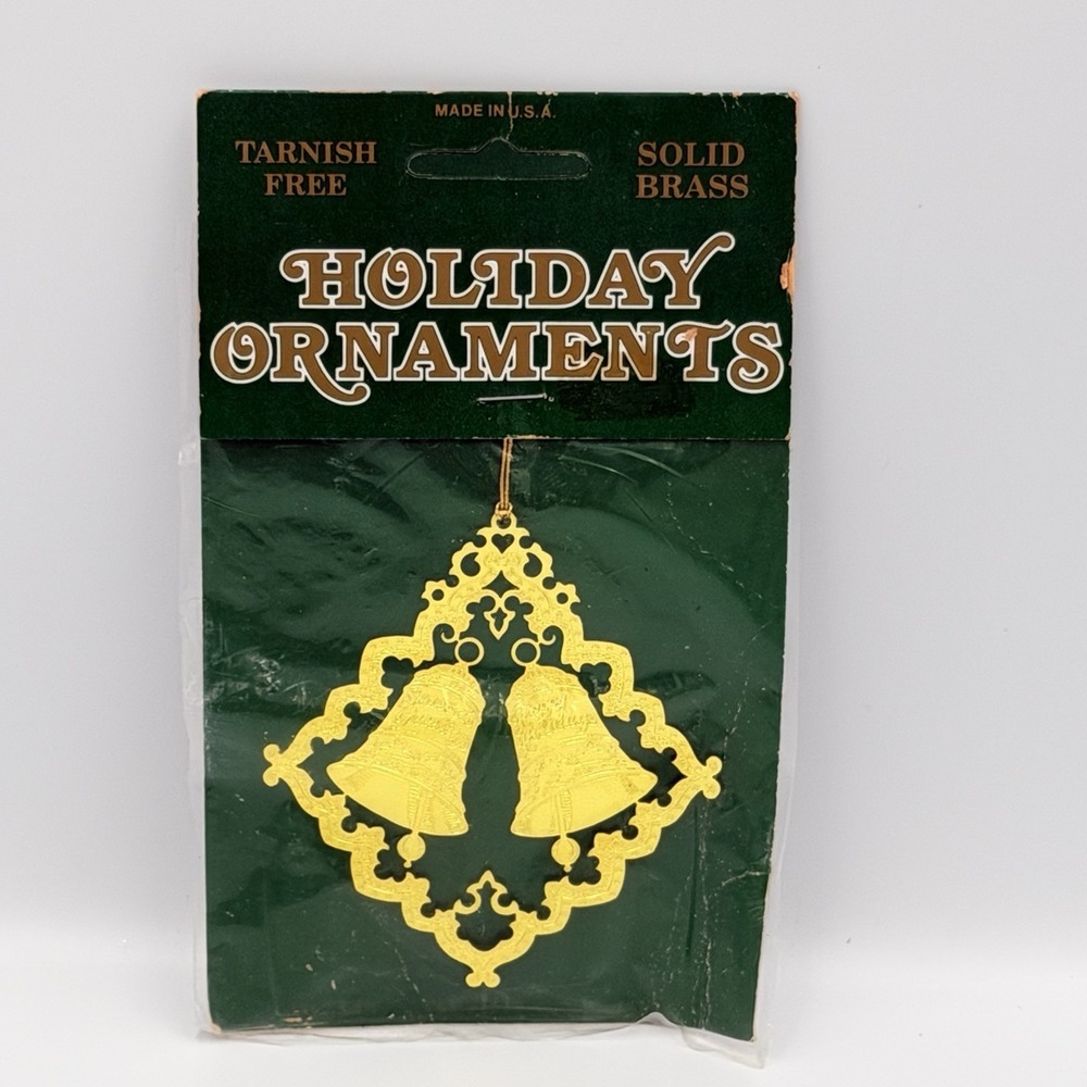VTG Solid Brass Double‎ Bells Christmas Holiday Ornament Filigree Frame USA NOS